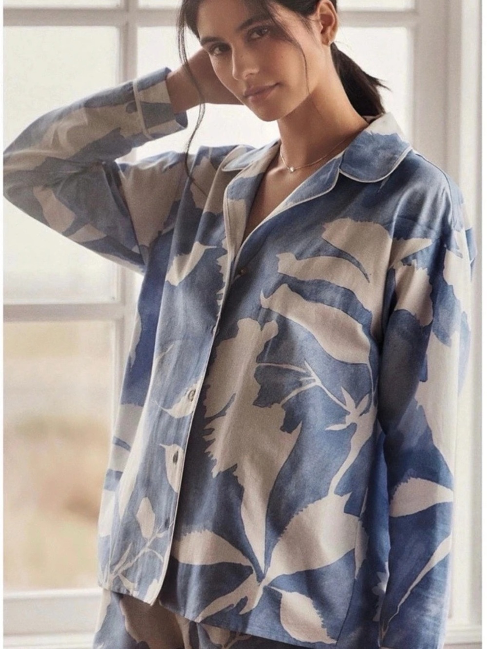 Anthropologie Lyre Bird Floral Pajama Shirt Blue & White Size XS NWT
